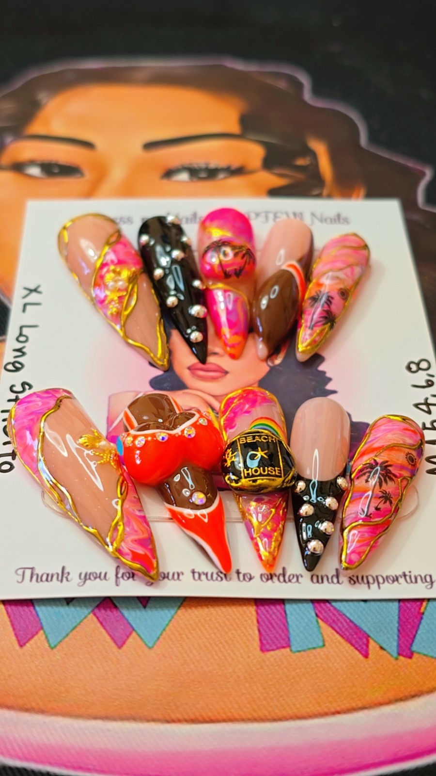 Handmade Gel Press On Nails,3D Summer Set Medium Size 1,5,4,6,8 XL Long Stiletto