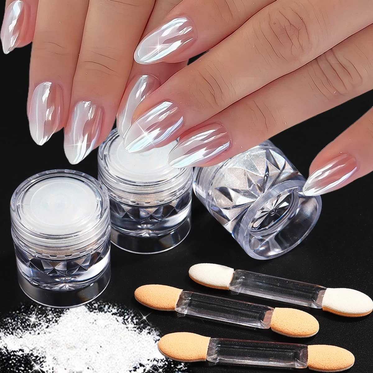 3Pcs Moonlight White Pearl Chrome Nail Powder Super Glossy Clear Mirror Effect