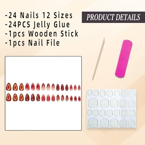 Red Press on Nails Short Almond Fake Nails with 3D Texture Gold Design Glossy