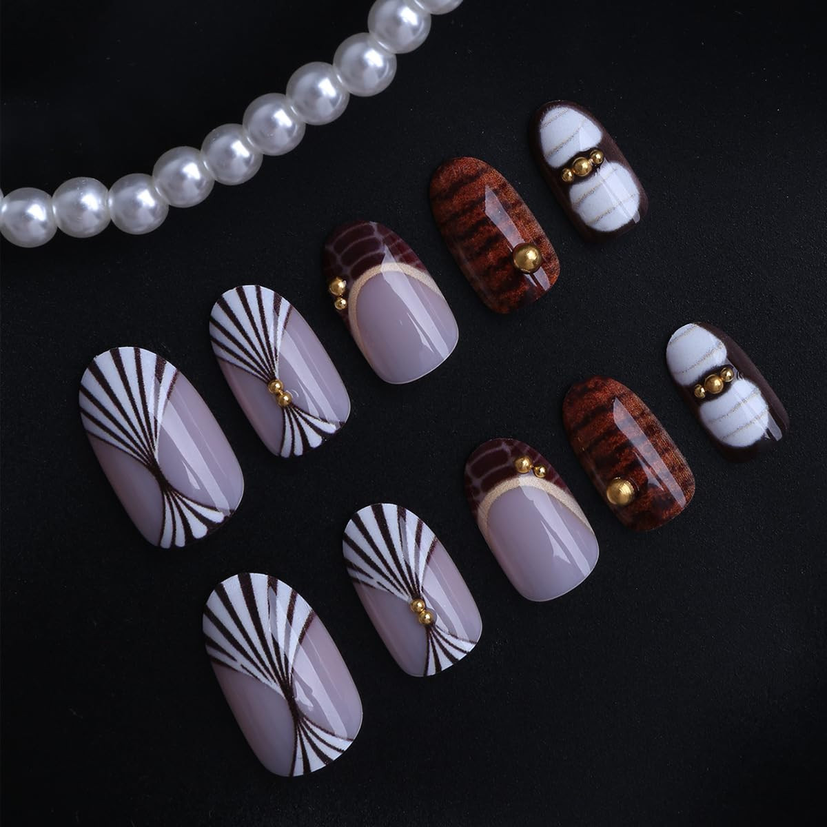 Long Almond Press on Nails Nude Brown Ormbed Fake Nails with Gold Accents Stick