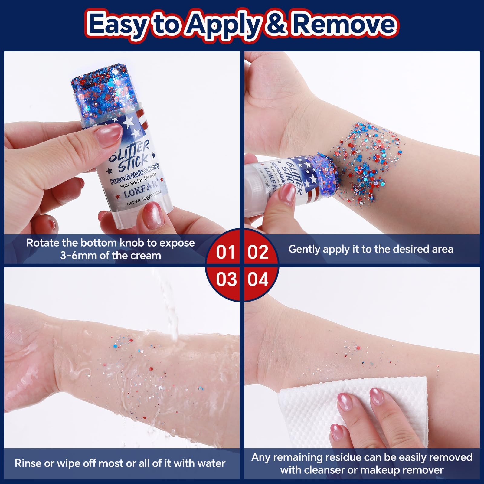 Red White and Blue Face Body Glitter Stick, 4th of July Accessories for Women…