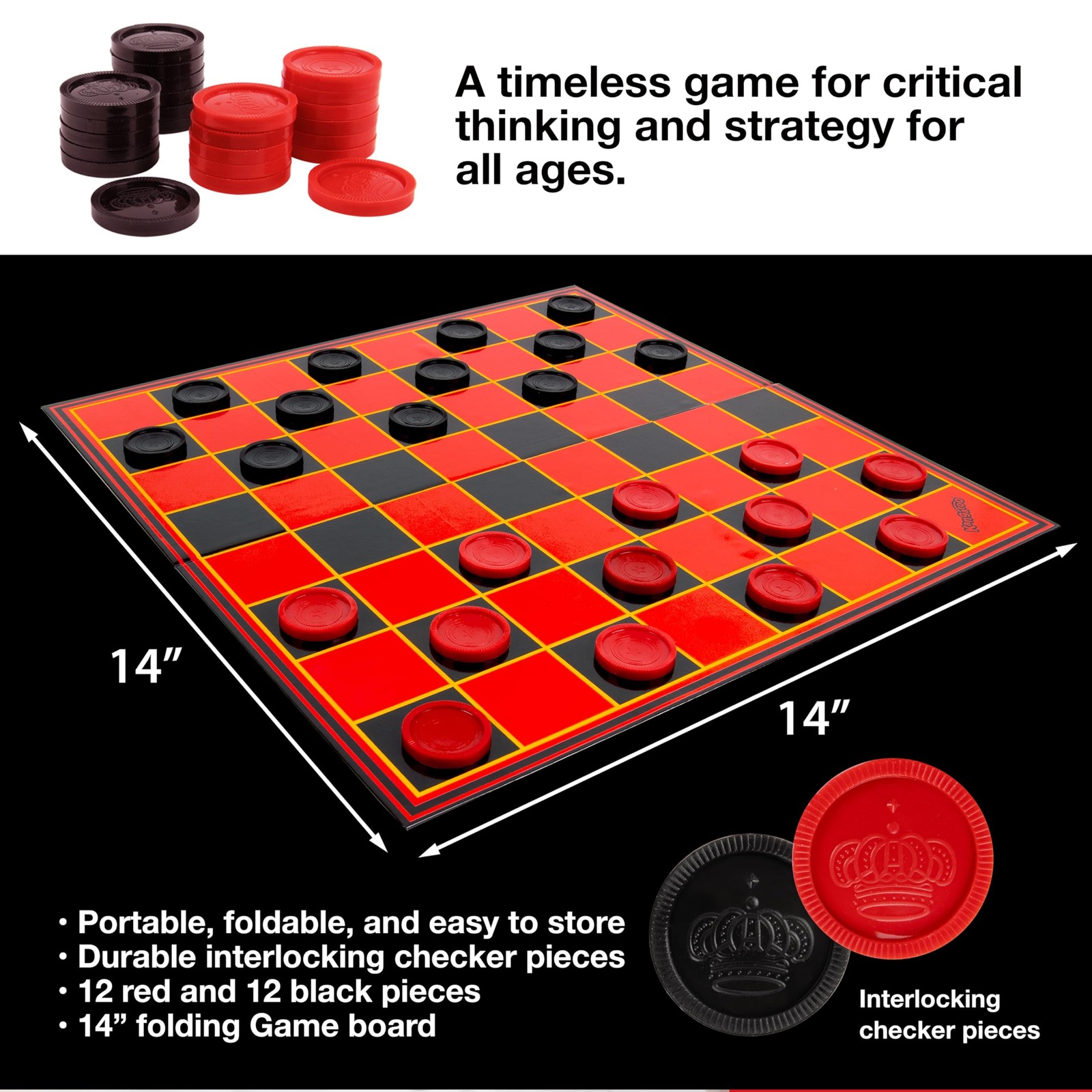 Kangaroo – Multiplayers Strategy Checker Board 15 x 15 inches, Red and Black