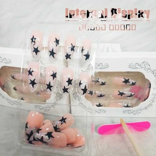 24Pcs Medium Almond Press on Nails with Black Five-pointed Star Design, Glossy