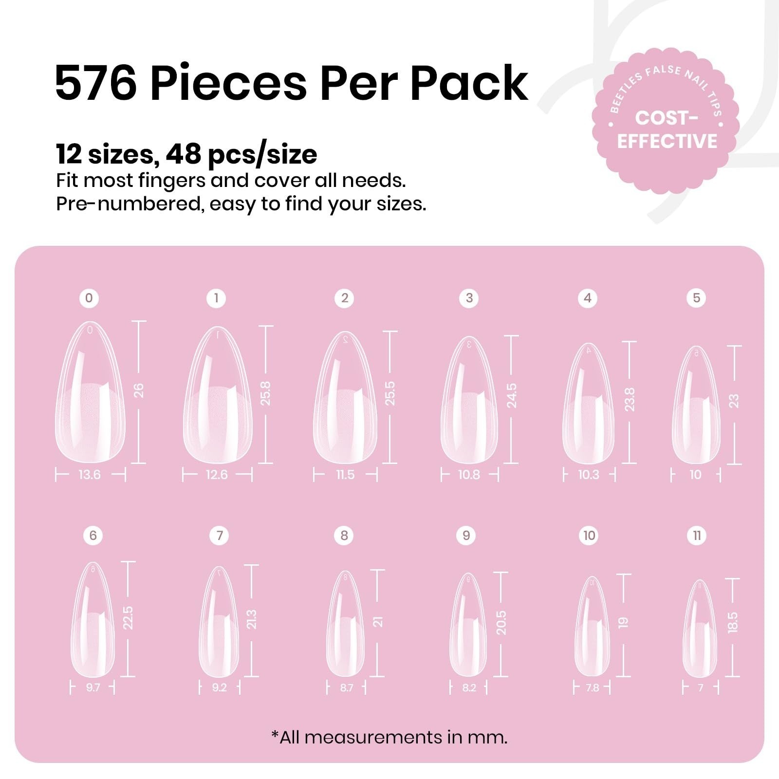 Beetles Medium Almond Nail Tips 576pcs | Press-On Nails for DIY