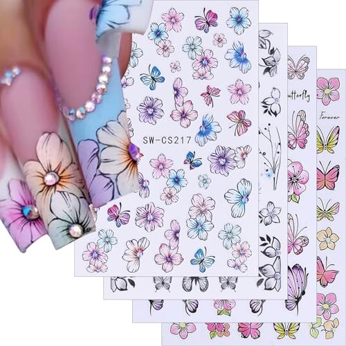 4 Sheets Flowers Butterfly Nail Art Stickers 3D Self Flowers and Butterfly
