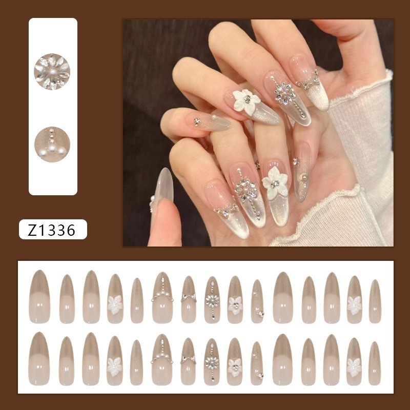 30pcs Cat Eye Press On Nails Long Almond False Nails 3D Crystal Flower
