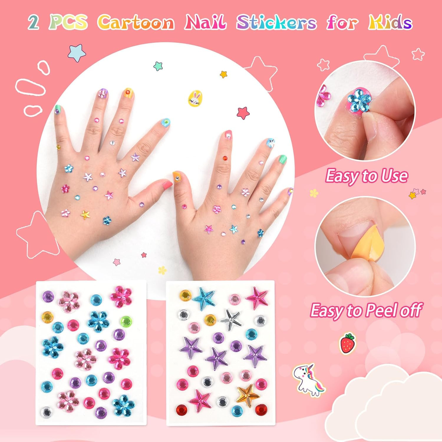 Kids Non Toxic Nail Polish Set for Girls with Gems Nail Stickers, 7 Color Peel-O