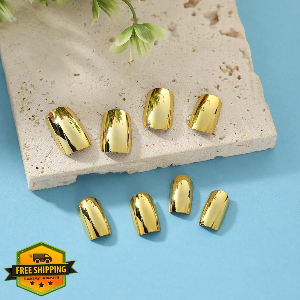 Gold Chrome Press on Nails Short Square Mirror Acrylic False Nails 24pc