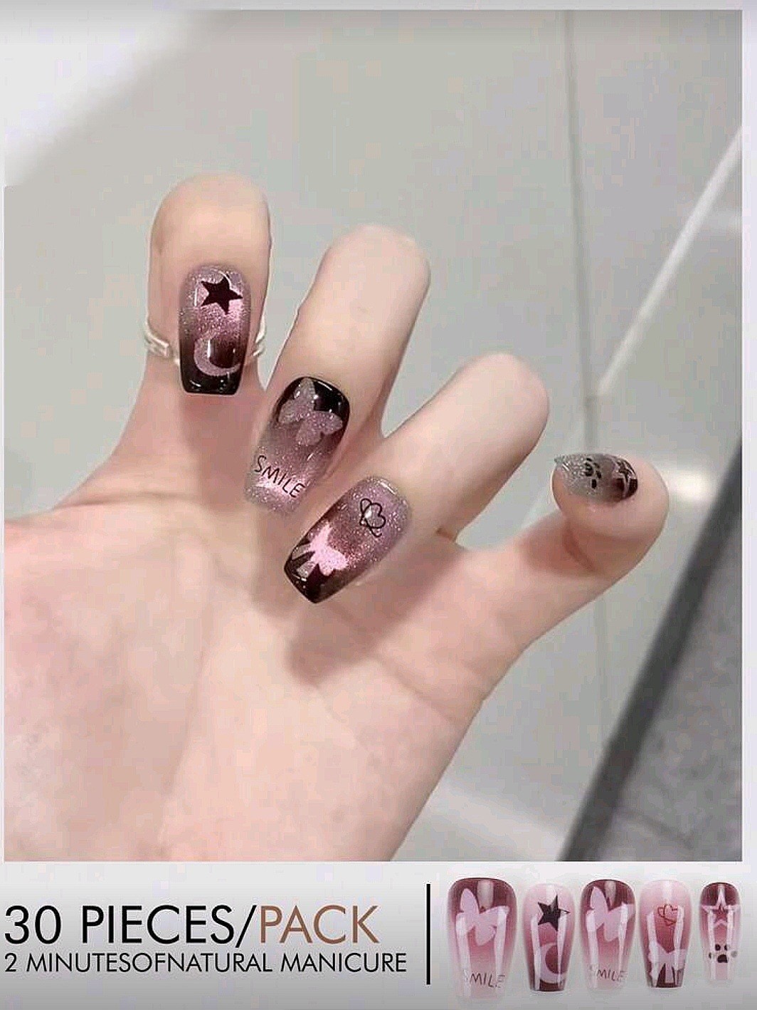 Press-On Nails Summer Light Pink Dark Pink Stars & Butterflies Medium *30 pcs*