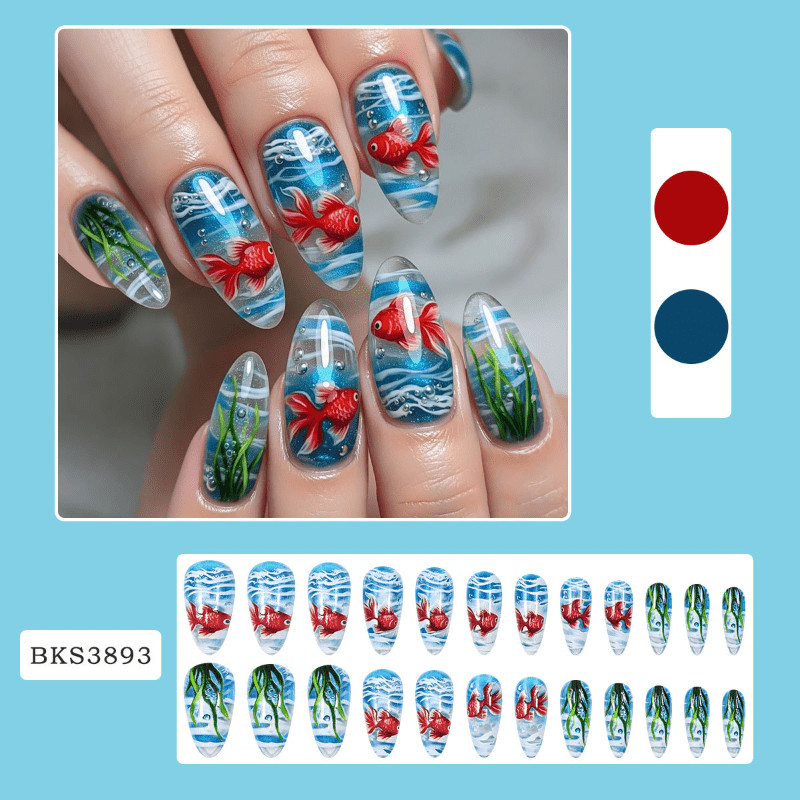 48 Pcs Blue Goldfish Press on Nails, Medium Almond 3D Aquatic Glossy Fake Nails