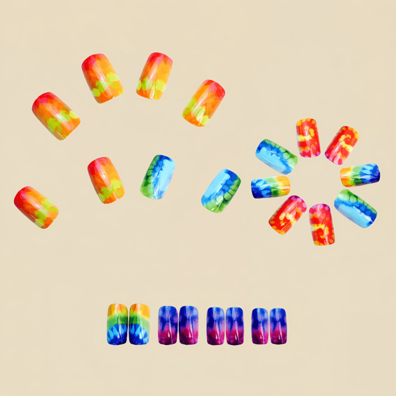 48 Pcs Rainbow Tie Dye Coffin Press on Nails, Bright Trendy Nude Fake Nails