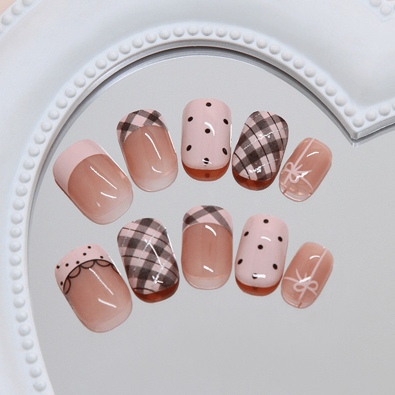 48Pcs Short Square Pink Plaid Polka Dot Press on Nails Cute Fake Nails