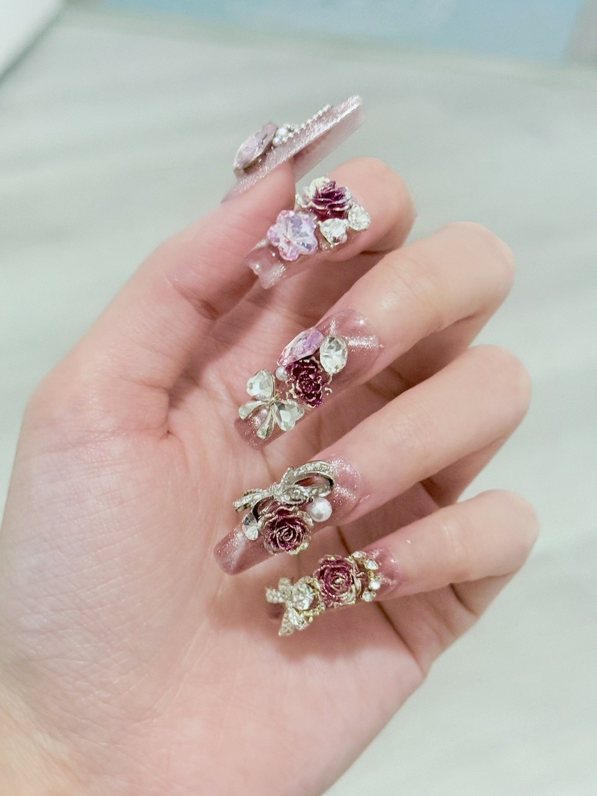 10pcs Handmade Rose Fake Nail Press On/Glue On Nails Size M(Read Description)