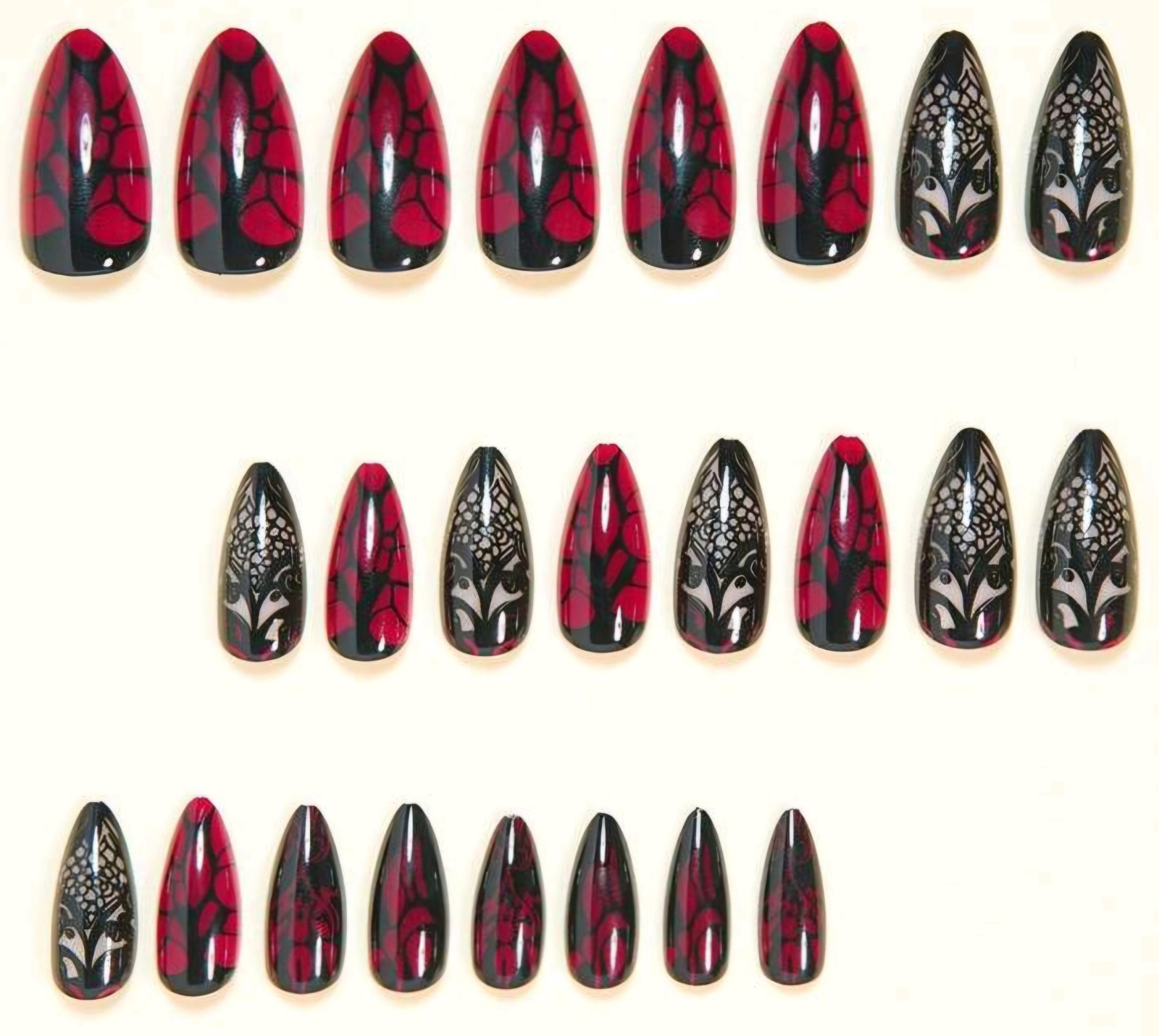 Press-On Nails Gothic Vintage Black Red Lace Medium/Long Almond