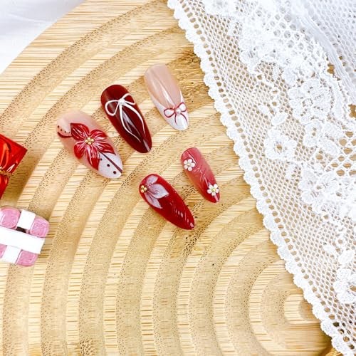 24Pcs 3D Flower Press on Nails Medium Almond Fake Nails Pearl Flower Nails-17