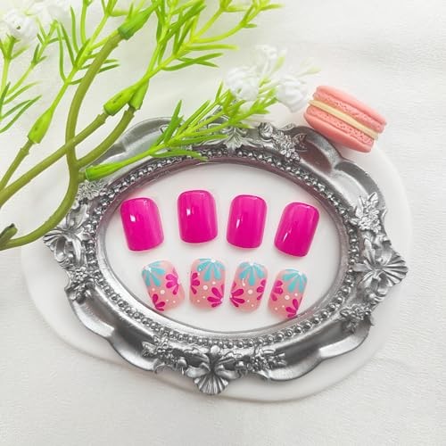 Short Square Fake Nails with Flower Designs – Acrylic Press