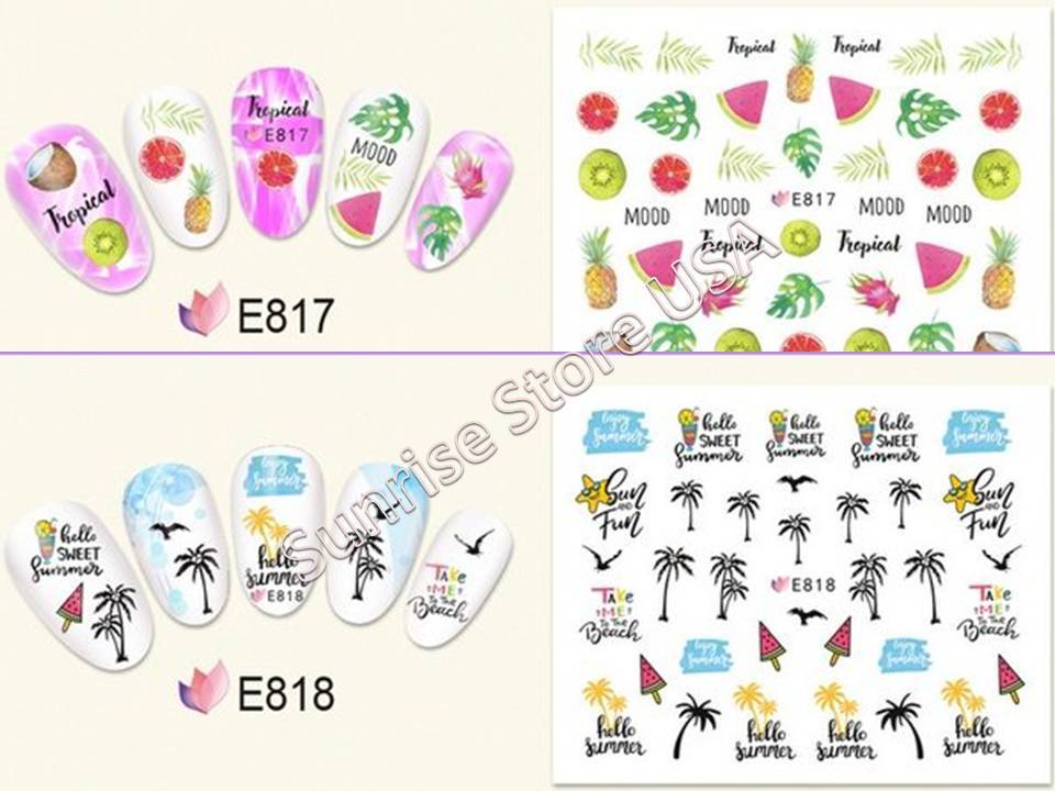 11 Design 3D Nail Art Sticker Summer Palm Tree Flamingo Bird Fruit Flower Decals
