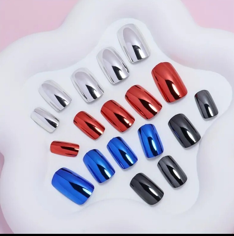 Chrome Red Silver Blue Dark Gray Medium Square Glue On Fingernails 4 Sets
