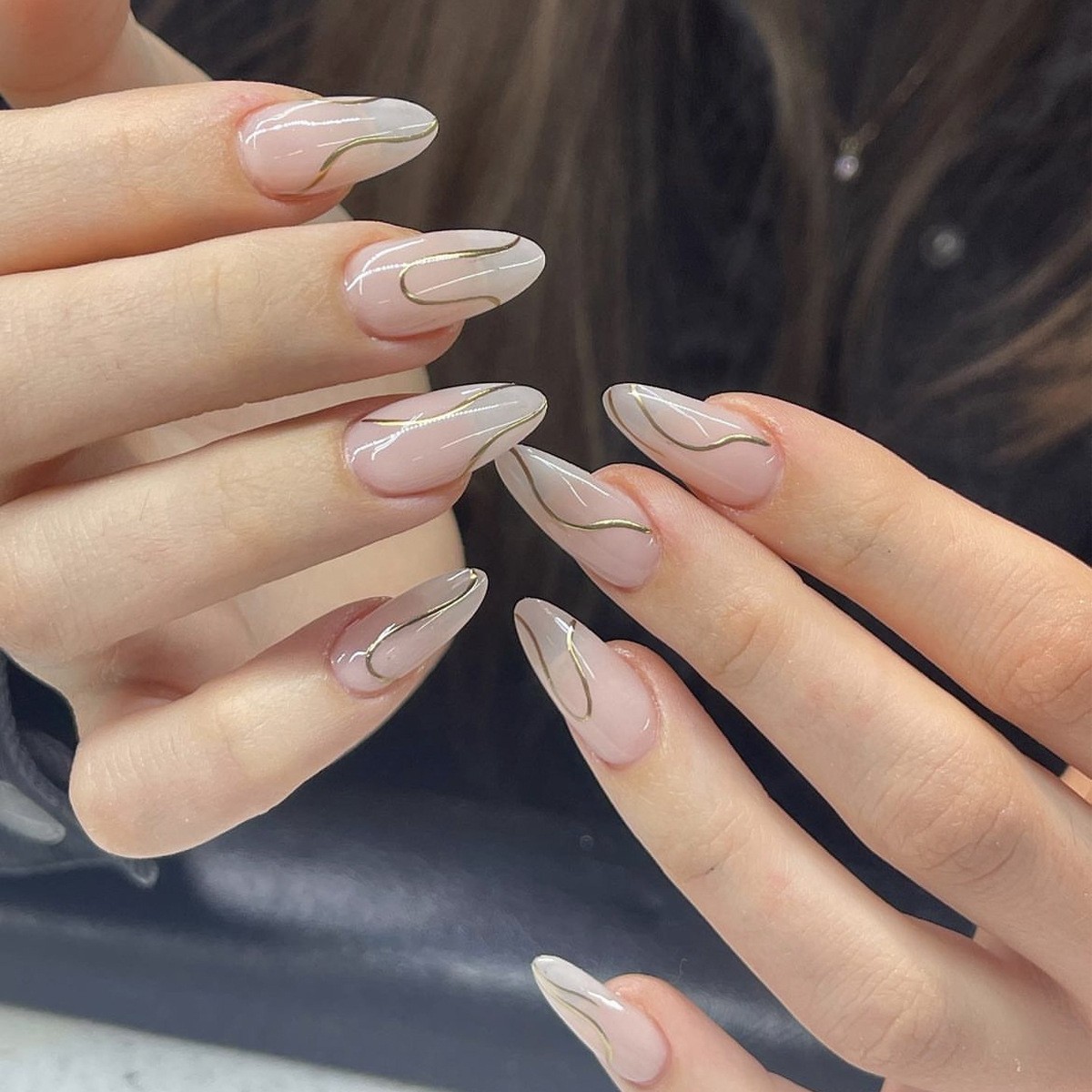 48Pcs-Medium Almond Nude White Gradient Gold Curve Line Press on Nails