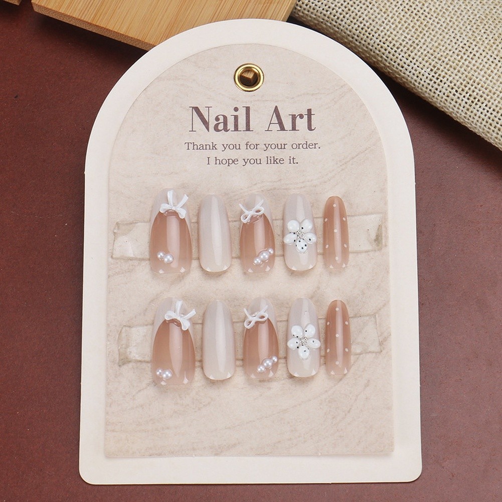 Wearable Nails for Women Featuring 3D Pearl Embellished Flower Bow Removable
