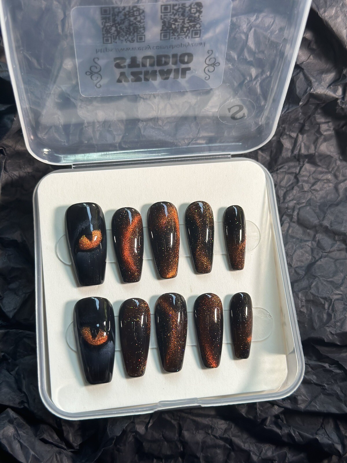 CUSTOM Black cat eye Handmade press on Gel nails long coffin Nails Set Size:S