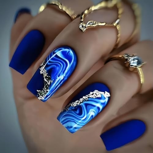 Dark Blue Press on Nails Short Square QUNQINLI Summer Fake Nails Design J4