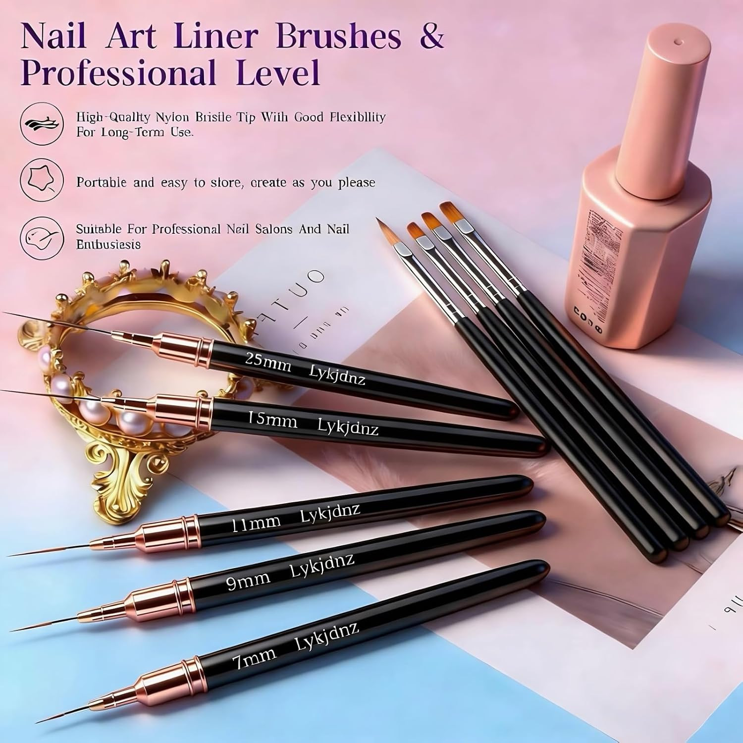 9Pcs Nail Art Brushes Set, 5 Art Liners & 4 Multi Shape Gel Builder Brushes | Si