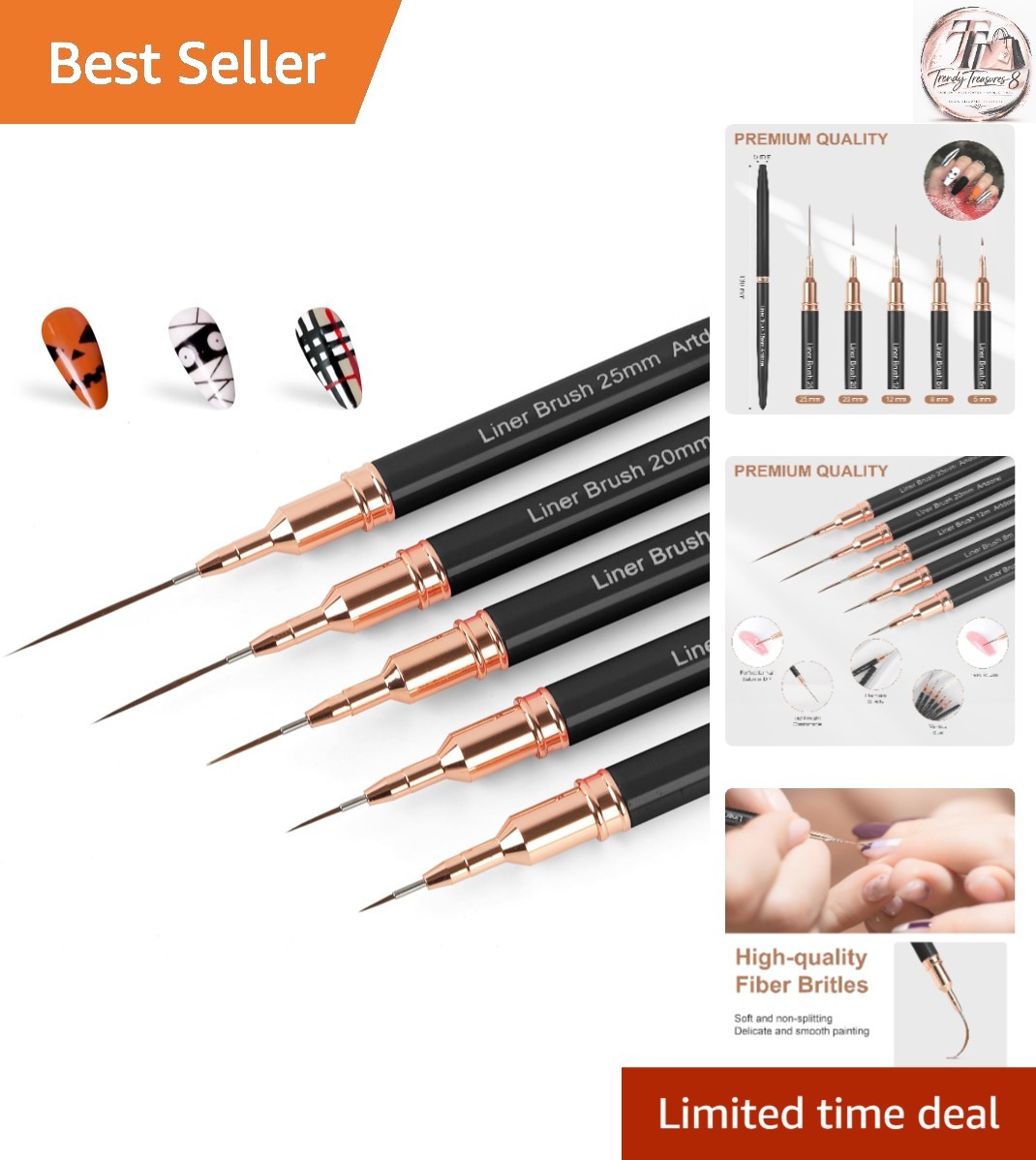 5PCS Black Metallic Nail Brushes for Fine Lines & Intricate Nail Art Design