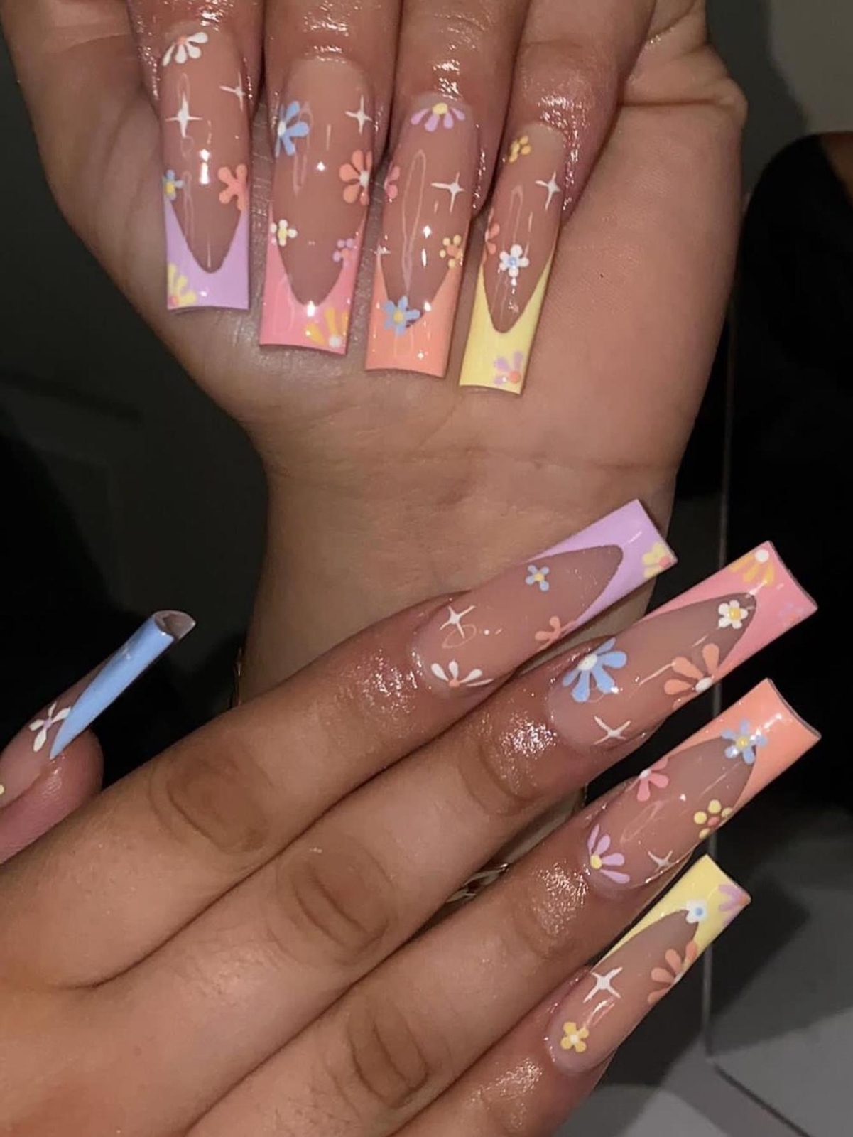 24pcs Long Square Sunset Ombre Flower Fake Nail Kit False Nails Press On Nails