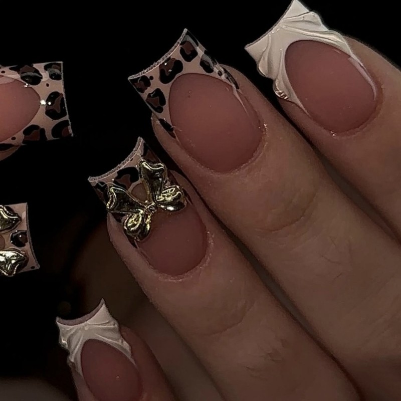 Sweet Edgy 3D Bows Leopard Print French Press On Nail ABS Material For Party