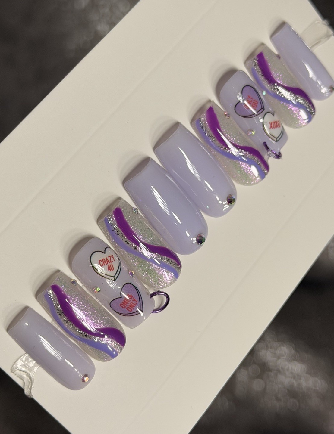 💜💎 CUSTOM Press On Nails PURPLE Heart BLING Rhinestones 10p SET W Kit