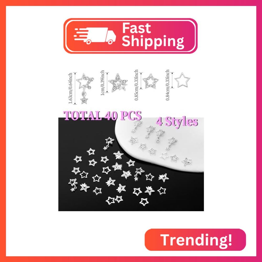 40 Pcs Star Nail Charms Silver Star Charms Y2k Nail Charms 3D Star Gems for Nail