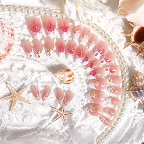 30Pcs Short Almond Press On Nails, White French Tips with 3D Pink Flower-15