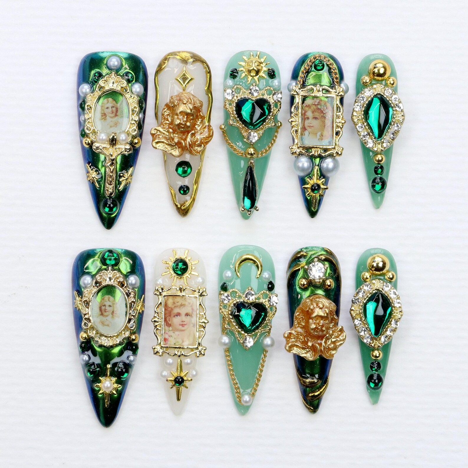 Handmade Vintage Angel Portrait Emerald Rhinestone Pearl Stiletto Press on Nails