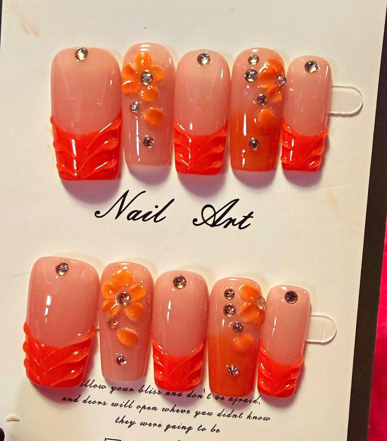 Orange/Pink 3D Flower Square Press-On Nails, Medium, size medium