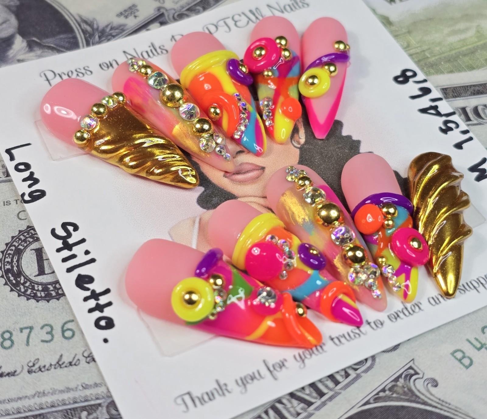 Handmade Press On Nails, Colorful Nails,Medium Size 1,5,4,6,8 Long Stiletto