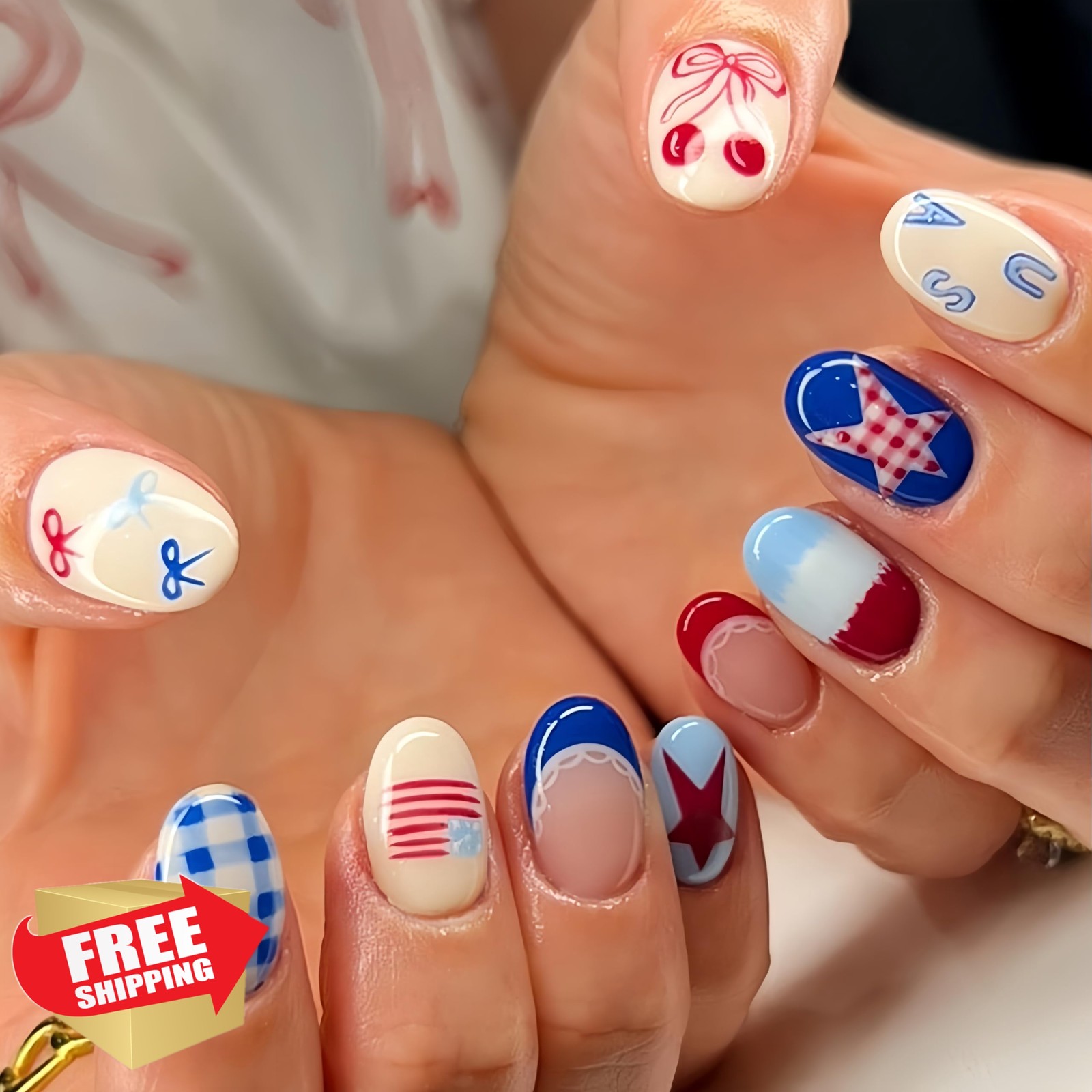 CnSybaris 24Pcs Medium Oval Independence Day Nails