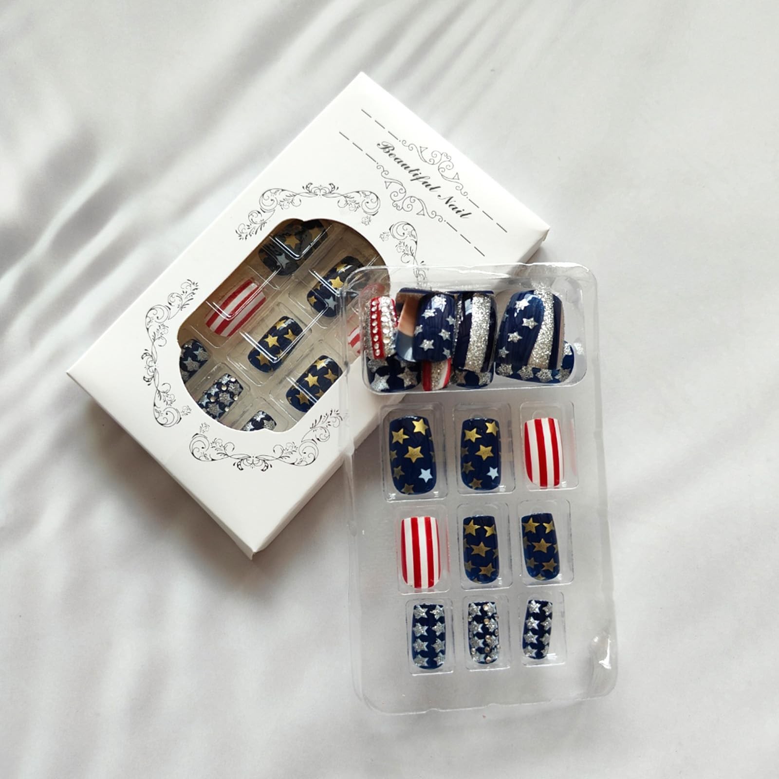 24Pcs Royal Blue Press on Nails Independence Day Medium Square Multicolor
