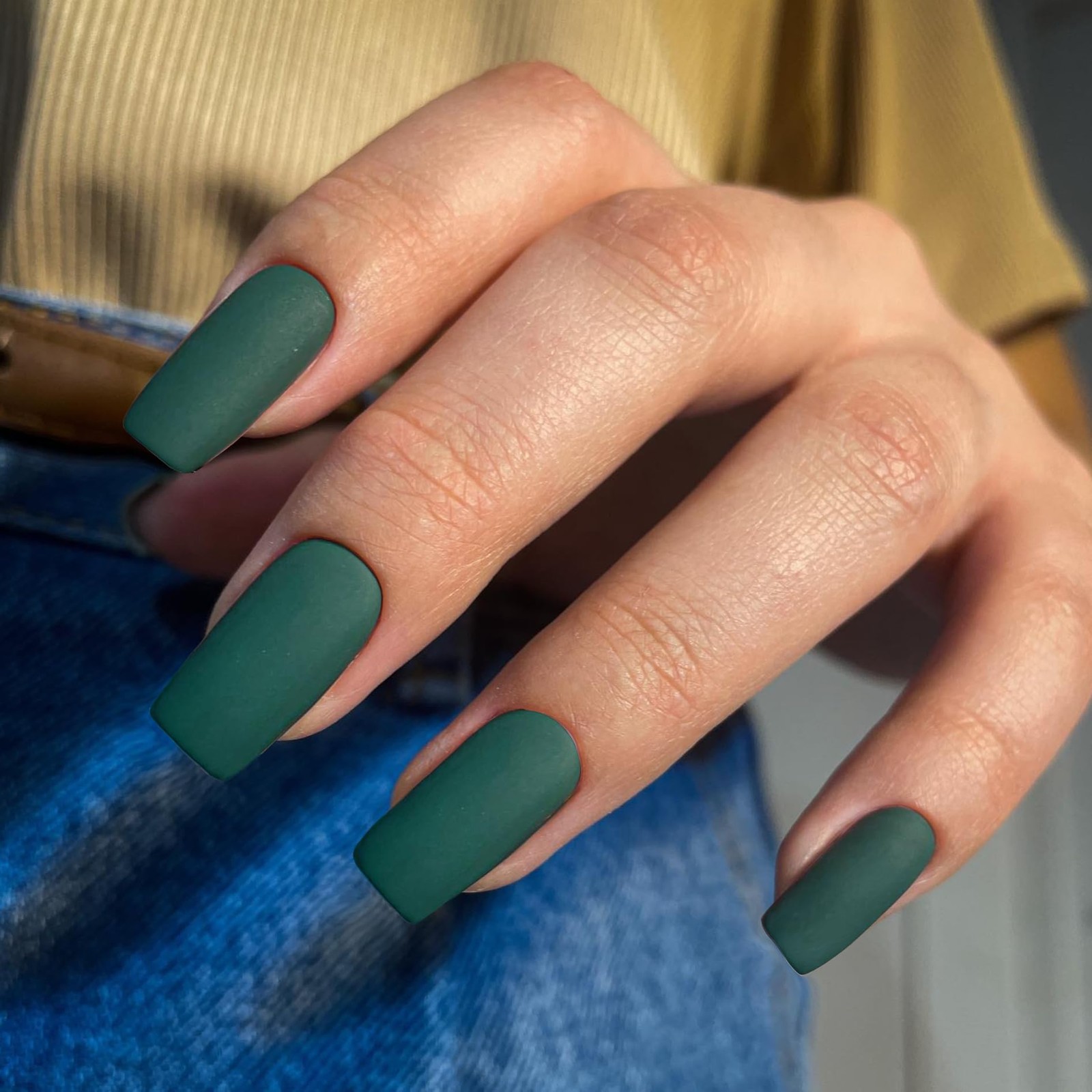 Matte Dark Green Press On Nails Medium Long Square, Medium Coffin Nails Acryl…