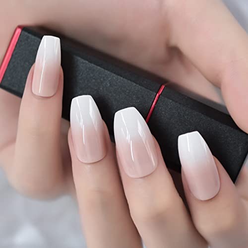 Ombre Pink Coffin French Fake Nails Ballerina Gradient Press On Coffin L5539