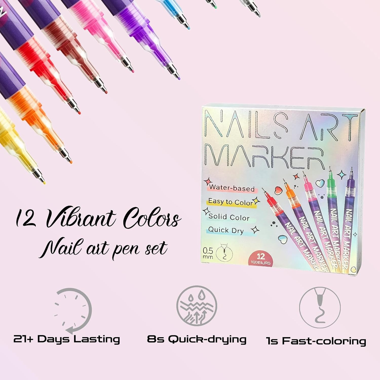 12 Color Nail Art Pens, 0.5Mm Micro Tip Nail Polish Markers, Quick Dry & Non-Tox