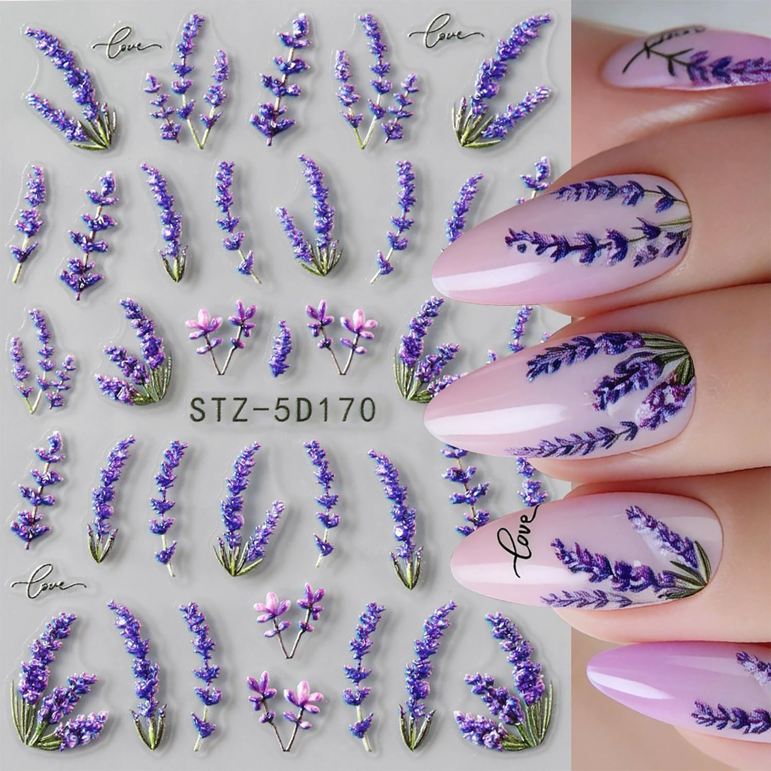Flower Nail Art Stickers Decals 5D Embossed Purple Lavender Vine Nail Stickers 3