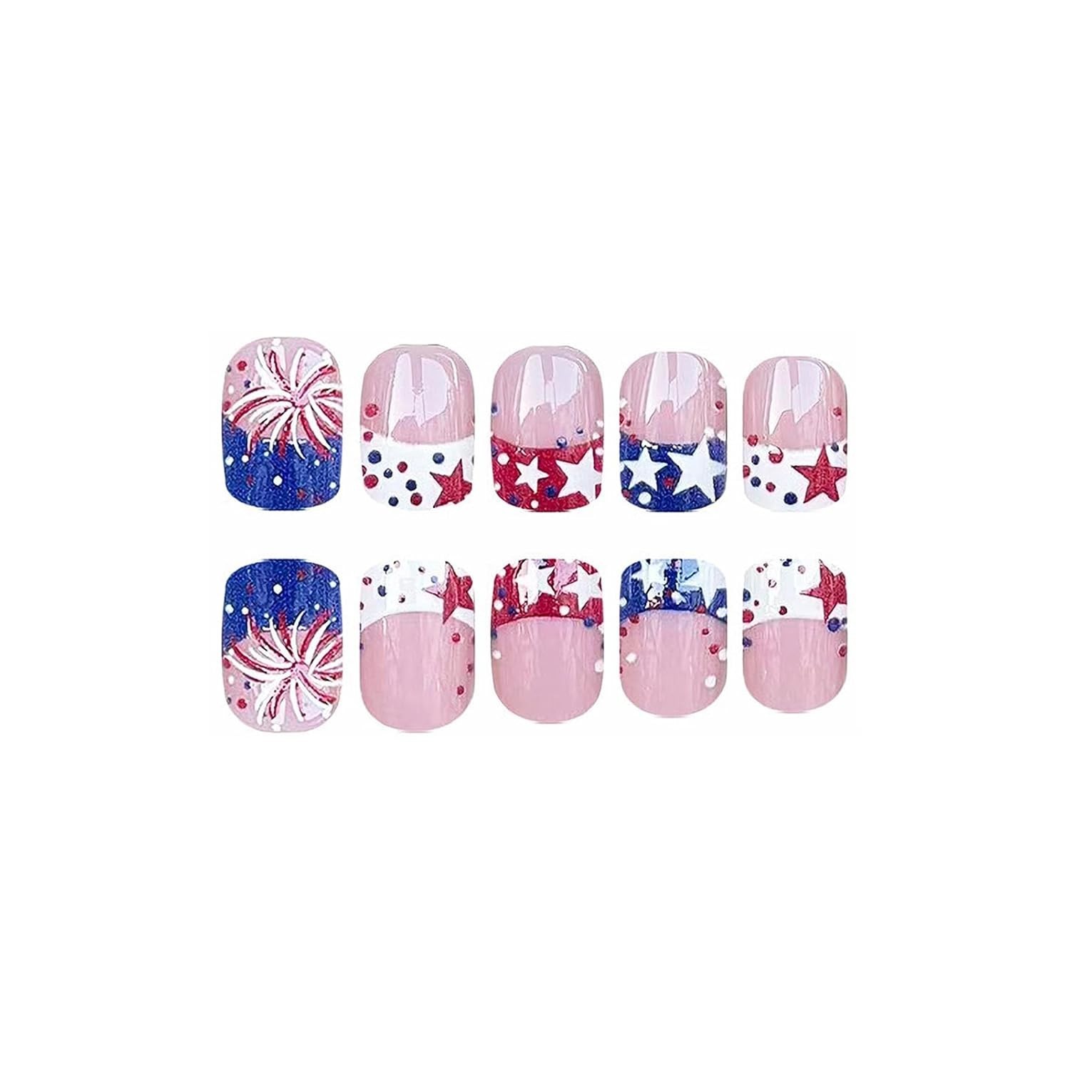 Acrylic Short Square Fake Nails Set – 4th of July French Tip Design (24 Pcs)