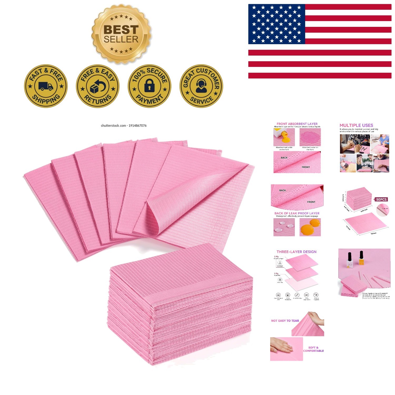 50-Pcs Disposable Pink Nail Mats – 3-Layer Absorbent Desk Protection for Salons