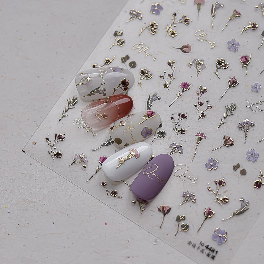 Flower Nail Stickers 5D Embossed Rose Flower Nail Decals 1PCS Gold Rose Sticker