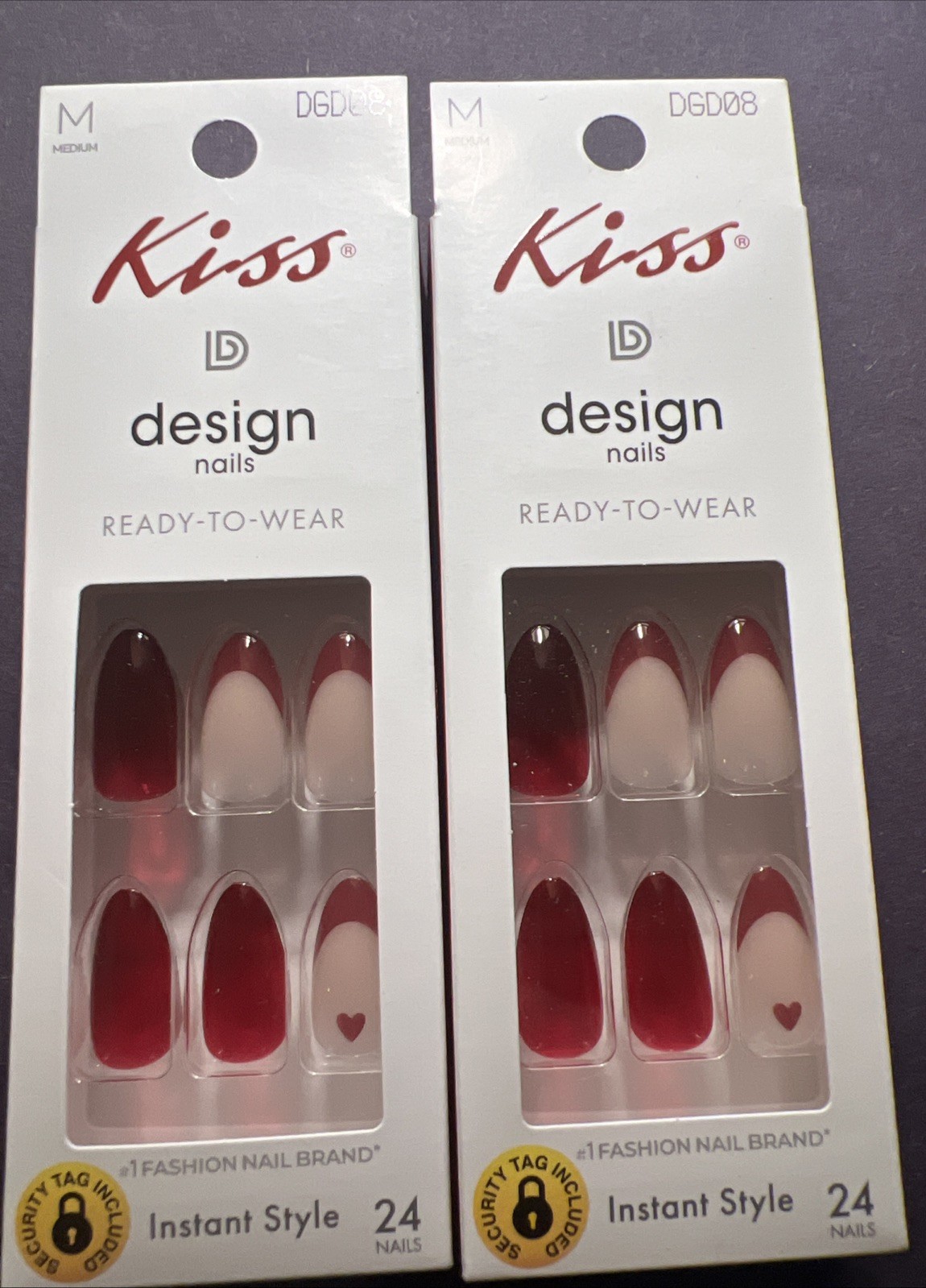 2x~Kiss Design Ready To Wear Glue Nails~Medium~Almond Shape~Red Ombré Tips Heart