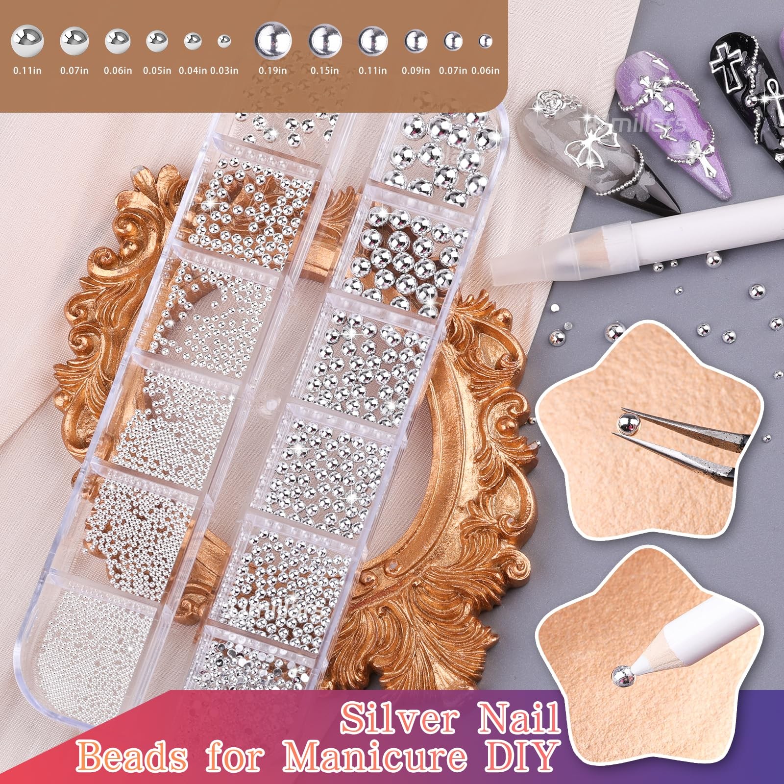 6 Boxes Silver Nail Charms with Nail Pearls, 3D Star Cross Nail Art Studs Met…