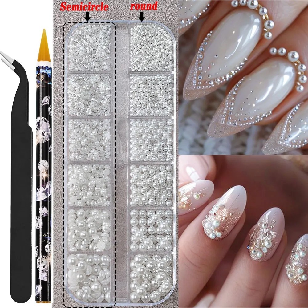 12 Grids Flat Back Pearl Beads 3D Nail Art Charms Rhinestones DIY Gems Jewels
