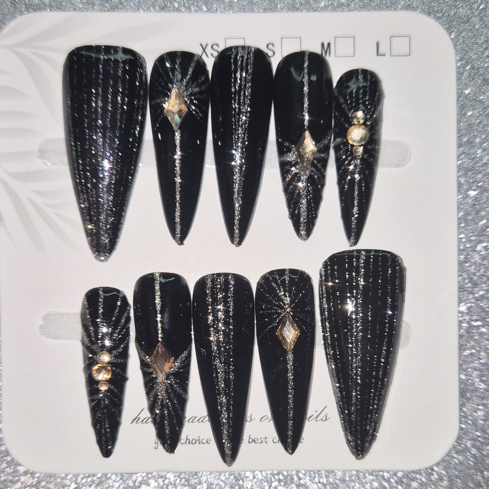 Black Silver Glitter 3D Rhinestone Coffin Press-On Nails Set Full Cover Long