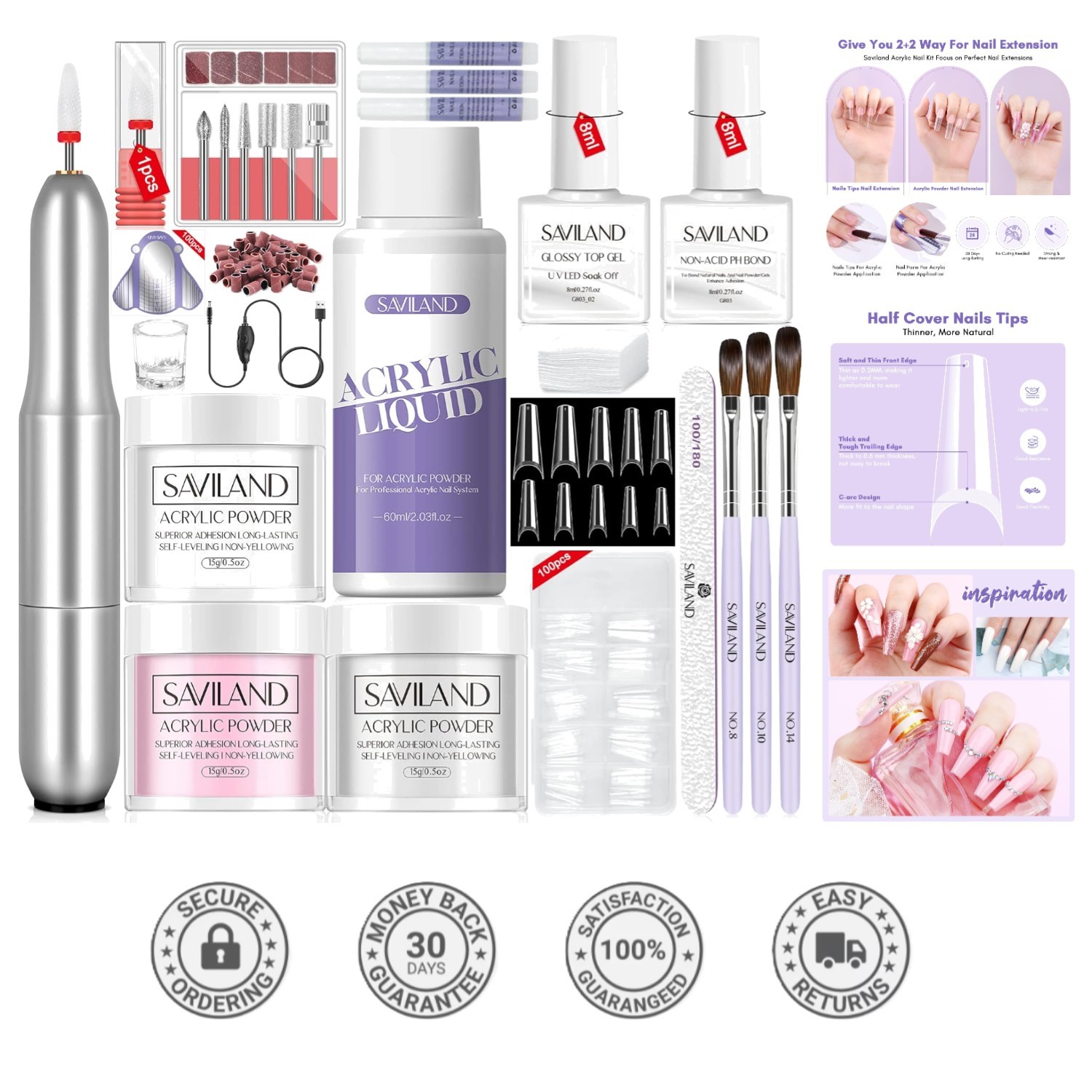 Professional Acrylic Nail Kit with Drill: 3 Powder Colors & Essential Tools